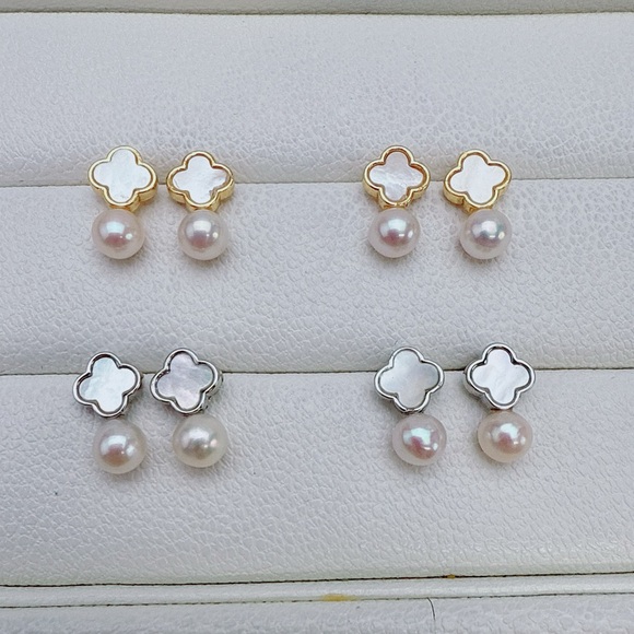 25BFE4 Handmade Freshwater Baby Pearl MOP Clover Studs Earrings S925 Post